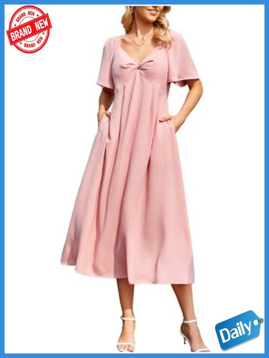 Dresses & Skirts - Semi Formal Midi Dress V Neck Back Tie Flowy with Pockets